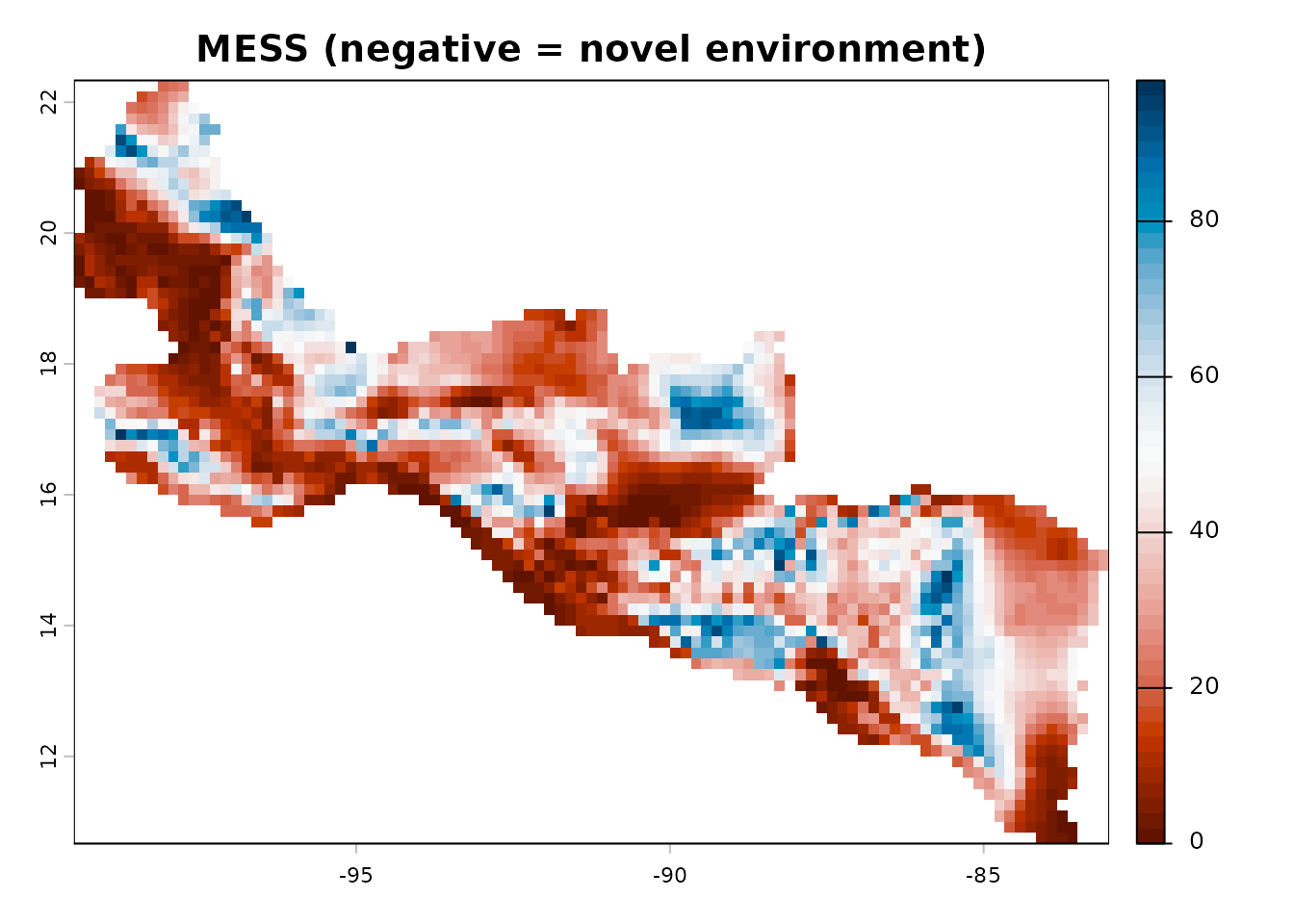 MESS map showing areas of environmental novelty relative to training data.