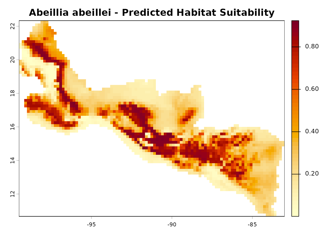 Predicted habitat suitability map for Abeillia abeillei using cloglog output.